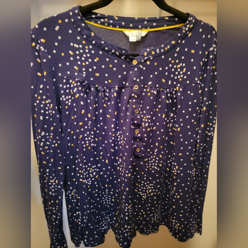 Boden Navy Polka Dot Shirt with Mustard Accents